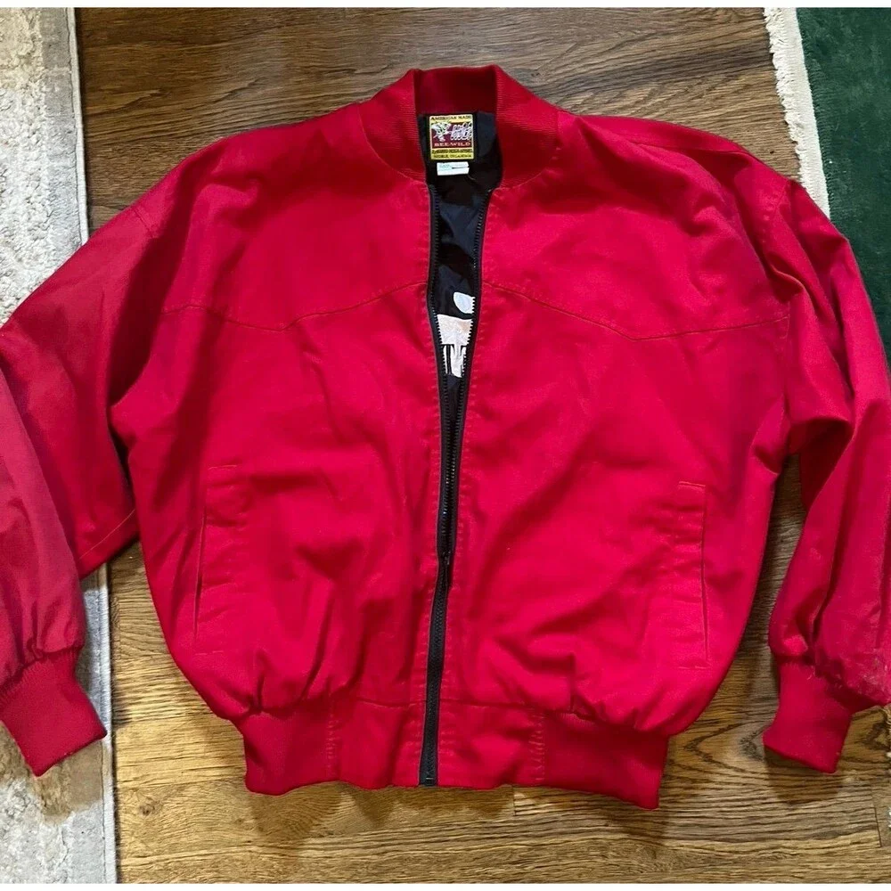 Vintage Bee-Wild Red Canvas 1970’s bomber Gas Station jacket Glen Campbell Sz L